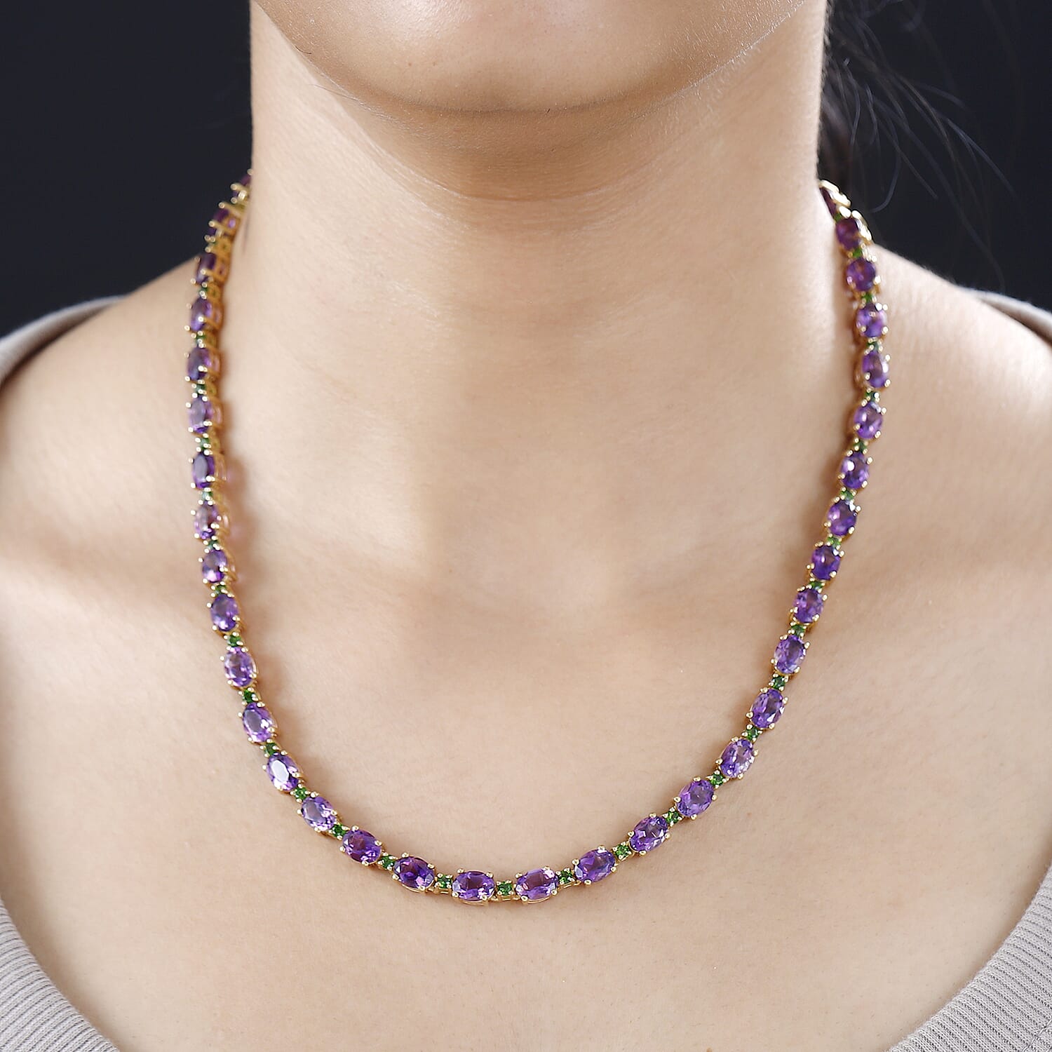 Premium Moroccan Amethyst and Chrome Diopside Necklace 18 Inches in 18K Vermeil Yellow Gold Over Sterling Silver 36.30 ctw