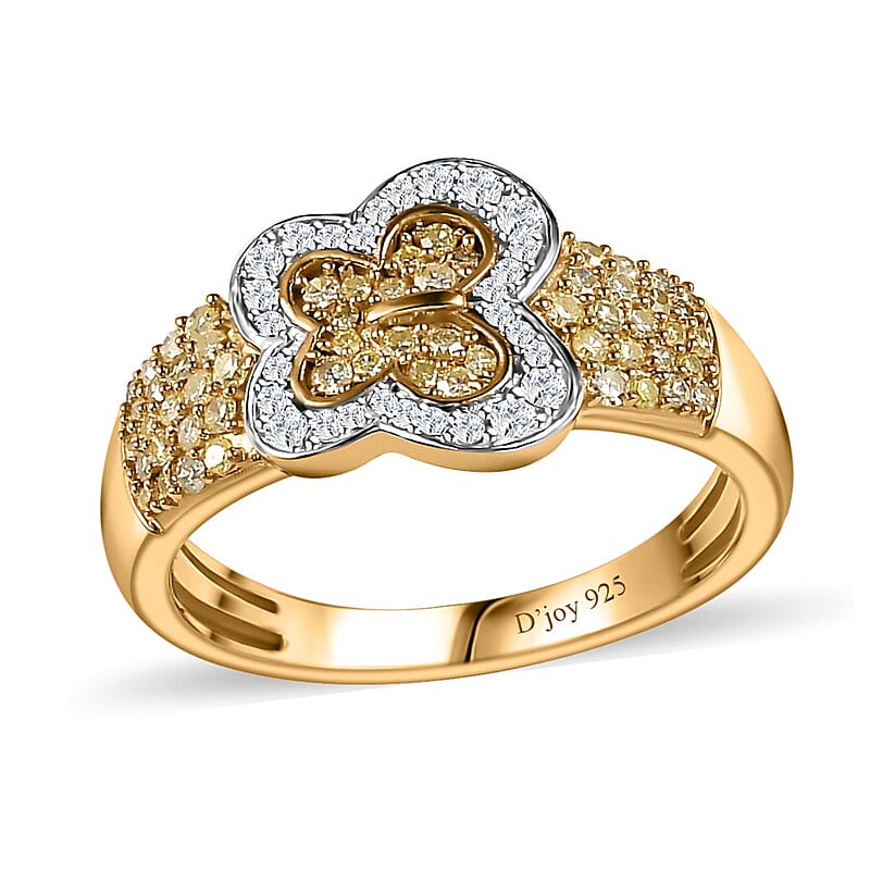 Natural Yellow Diamond I3 and Diamond Butterfly Ring in 18K Vermeil Yellow Gold Over Sterling Silver (Size 10.0) 0.50 ctw