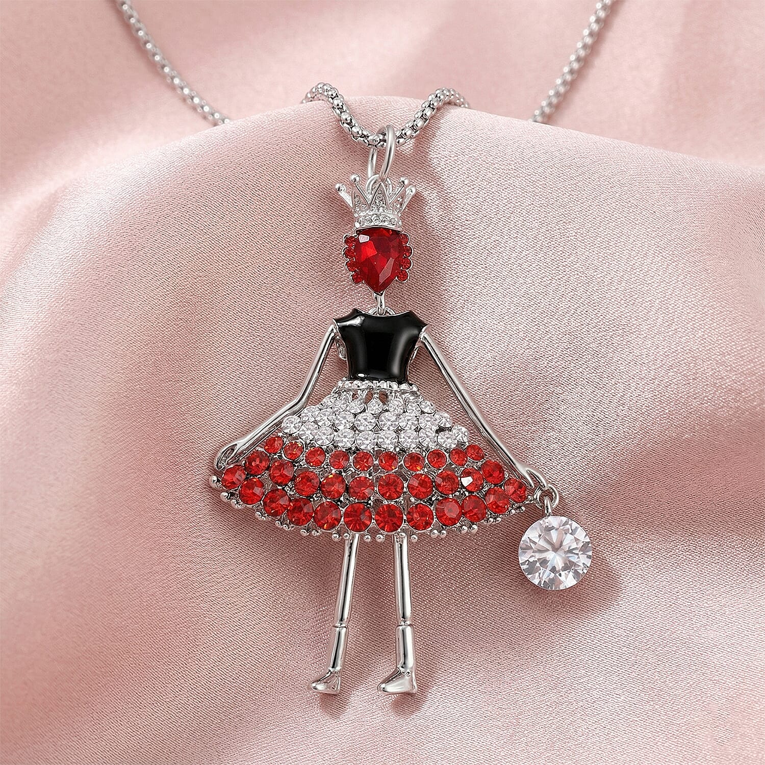 White and Red Austrian Crystal Necklace in Silvertone 28 Inches 