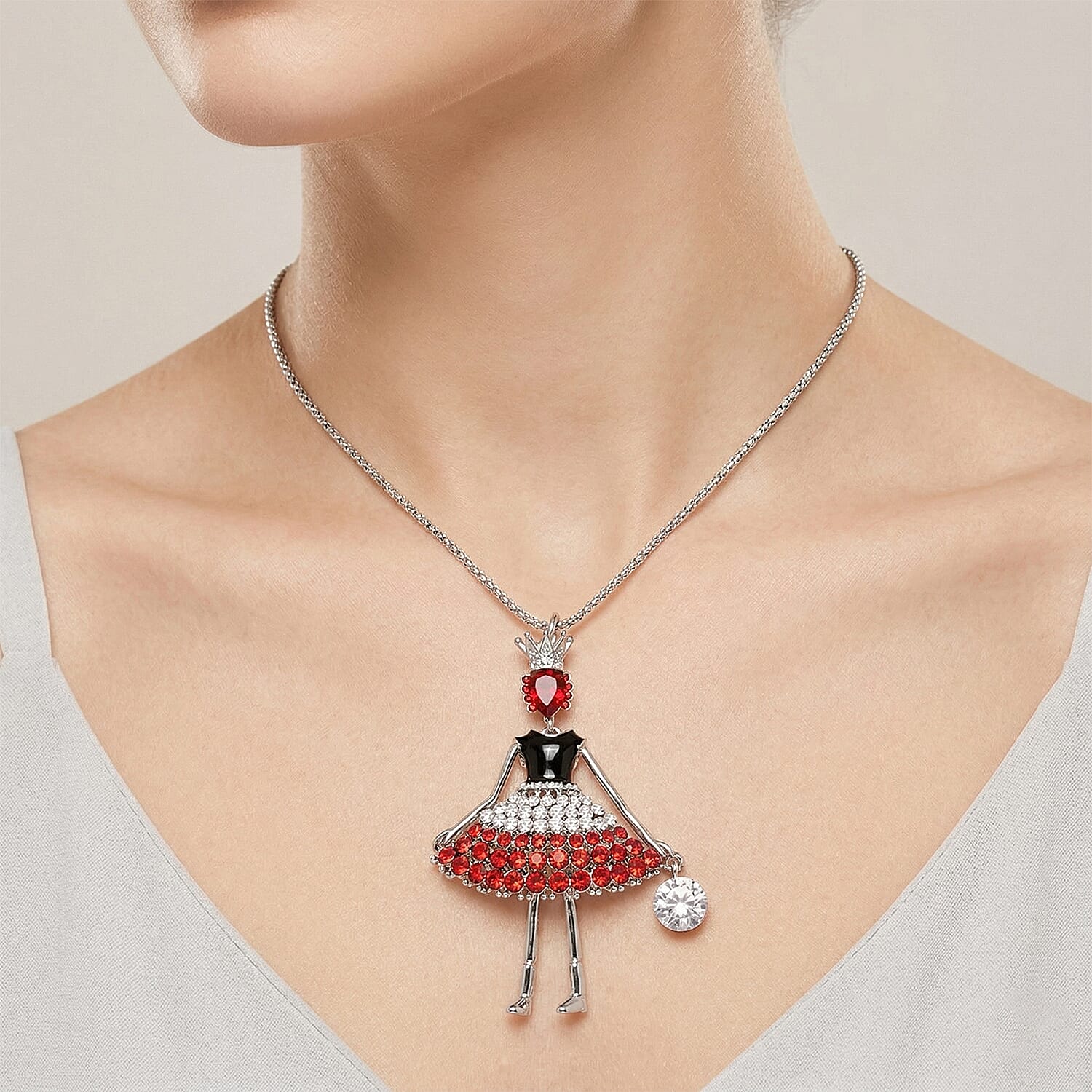 White and Red Austrian Crystal Necklace in Silvertone 28 Inches 