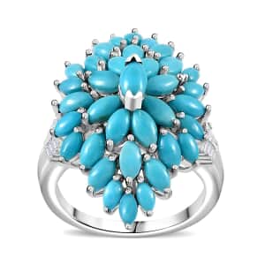 Sleeping Beauty Turquoise and White Zircon Floral Spray Ring in Rhodium Over Sterling Silver (Size 10.0) 4.60 ctw