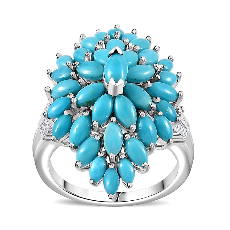 Sleeping Beauty Turquoise and White Zircon Floral Spray Ring in Rhodium Over Sterling Silver (Size 10.0) 4.60 ctw