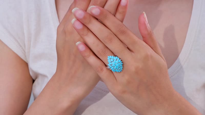 Sleeping Beauty Turquoise, White Zircon Floral Spray Ring in Rhodium Over Sterling Silver (Size 10.0) 4.60 ctw