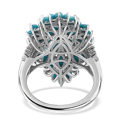 Sleeping Beauty Turquoise and White Zircon Floral Spray Ring in Rhodium Over Sterling Silver (Size 10.0) 4.60 ctw