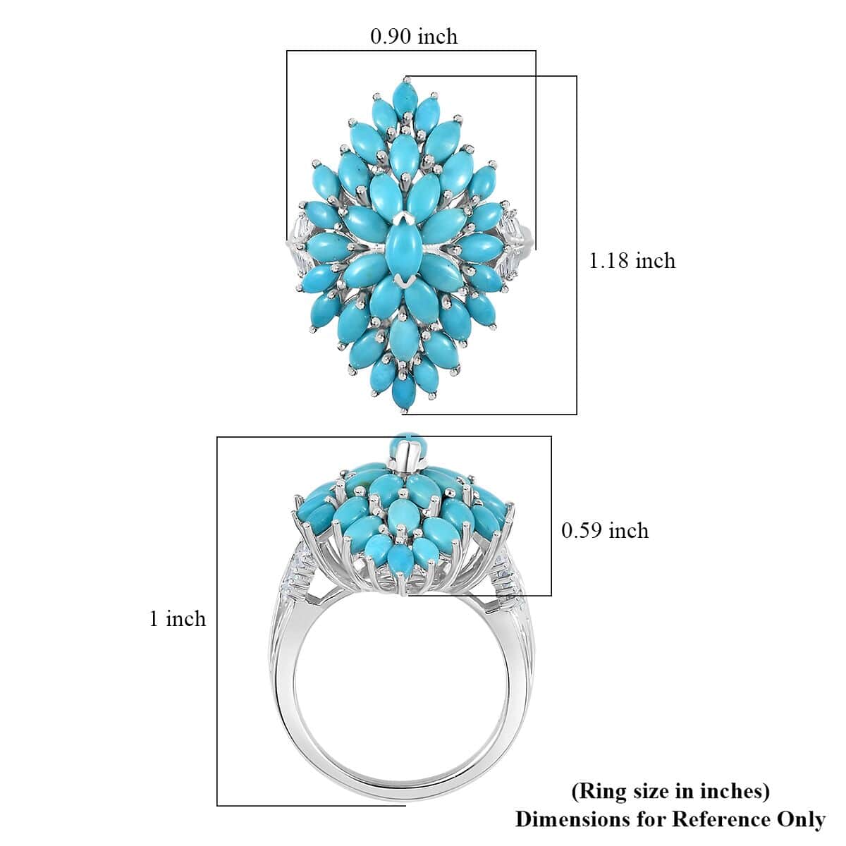 Sleeping Beauty Turquoise, White Zircon Floral Spray Ring in Rhodium Over Sterling Silver (Size 10.0) 4.60 ctw image number 5