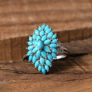 Sleeping Beauty Turquoise and White Zircon Floral Spray Ring in Rhodium Over Sterling Silver (Size 6.0) 4.60 ctw
