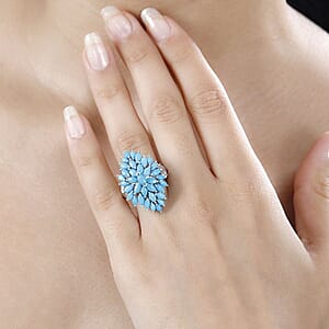 Sleeping Beauty Turquoise and White Zircon Floral Spray Ring in Rhodium Over Sterling Silver (Size 6.0) 4.60 ctw