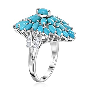 Sleeping Beauty Turquoise and White Zircon Floral Spray Ring in Rhodium Over Sterling Silver (Size 6.0) 4.60 ctw
