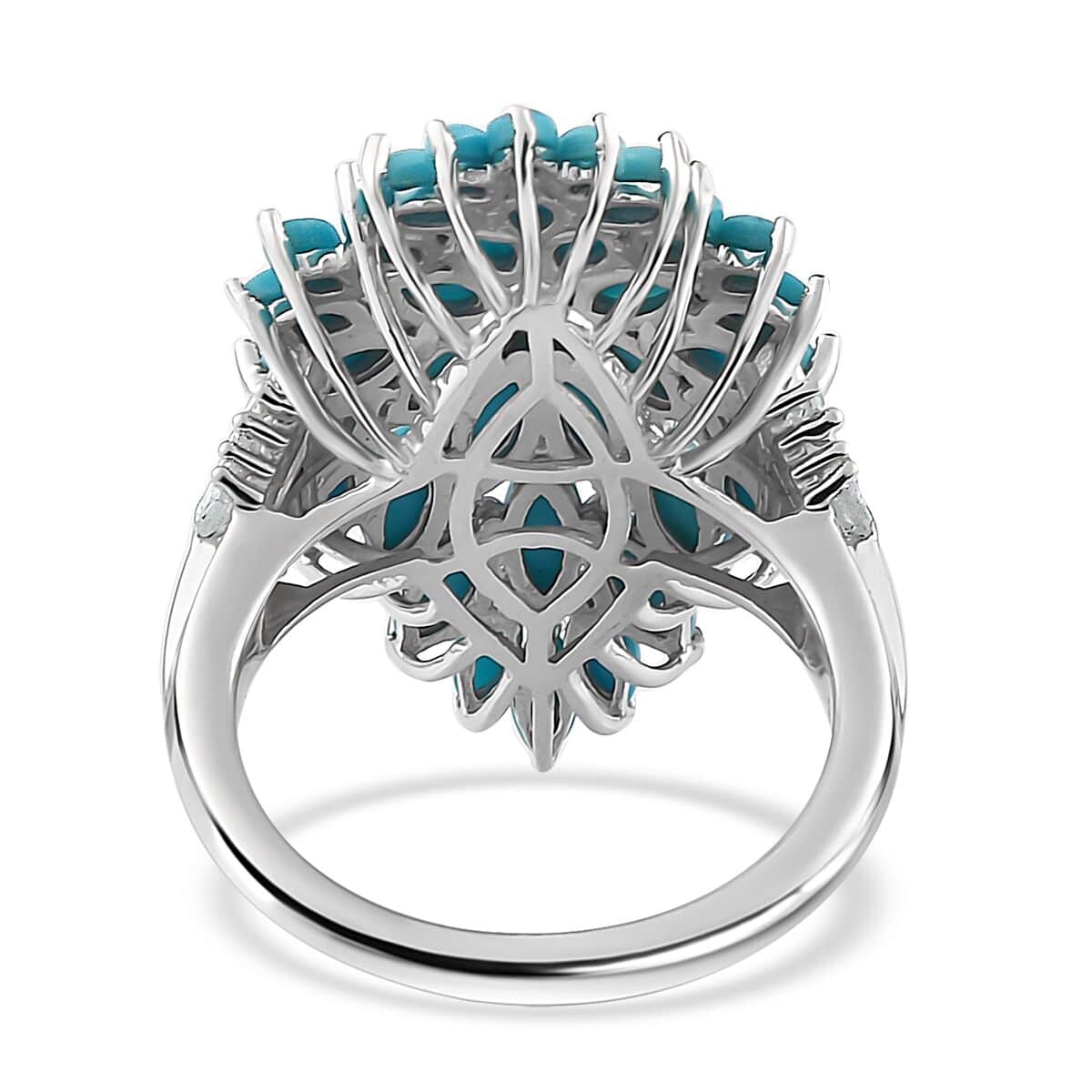 Sleeping Beauty Turquoise and White Zircon Floral Spray Ring in Rhodium Over Sterling Silver (Size 6.0) 4.60 ctw image number 4