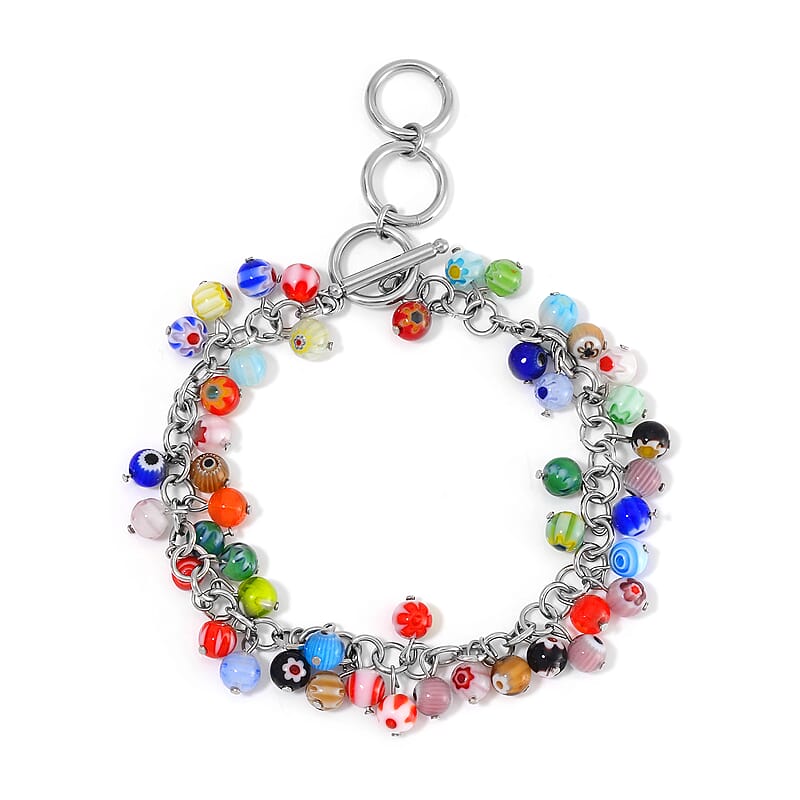 Multi Color Murano Style Bracelet in Stainless Steel (9.00 In)