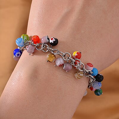 Multi Color Murano Style Bracelet in Stainless Steel (9.00 In)