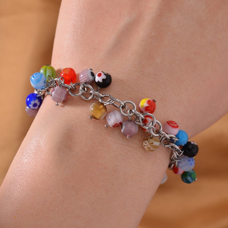 Multi Color Murano Style Bracelet in Stainless Steel (9.00 In)