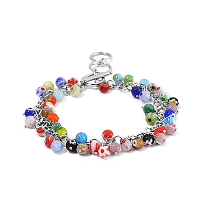 Multi Color Murano Style Bracelet in Stainless Steel (9.00 In)