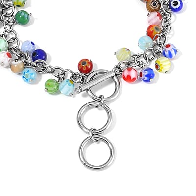 Multi Color Murano Style Bracelet in Stainless Steel (9.00 In)