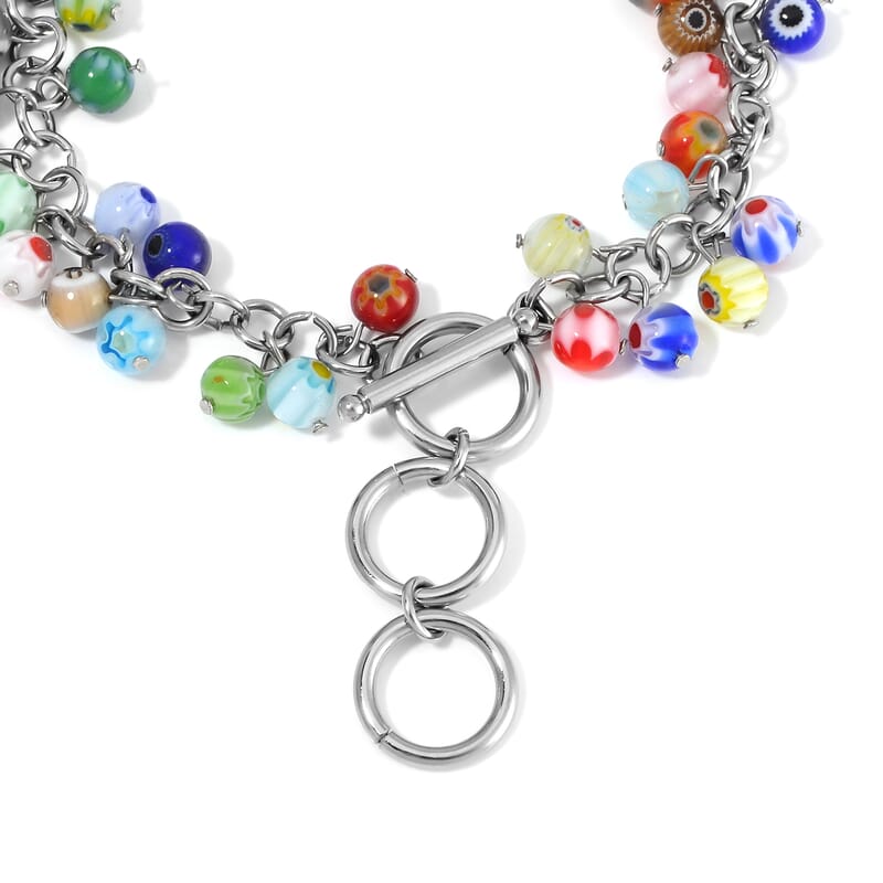 Multi Color Murano Style Bracelet in Stainless Steel (9.00 In)