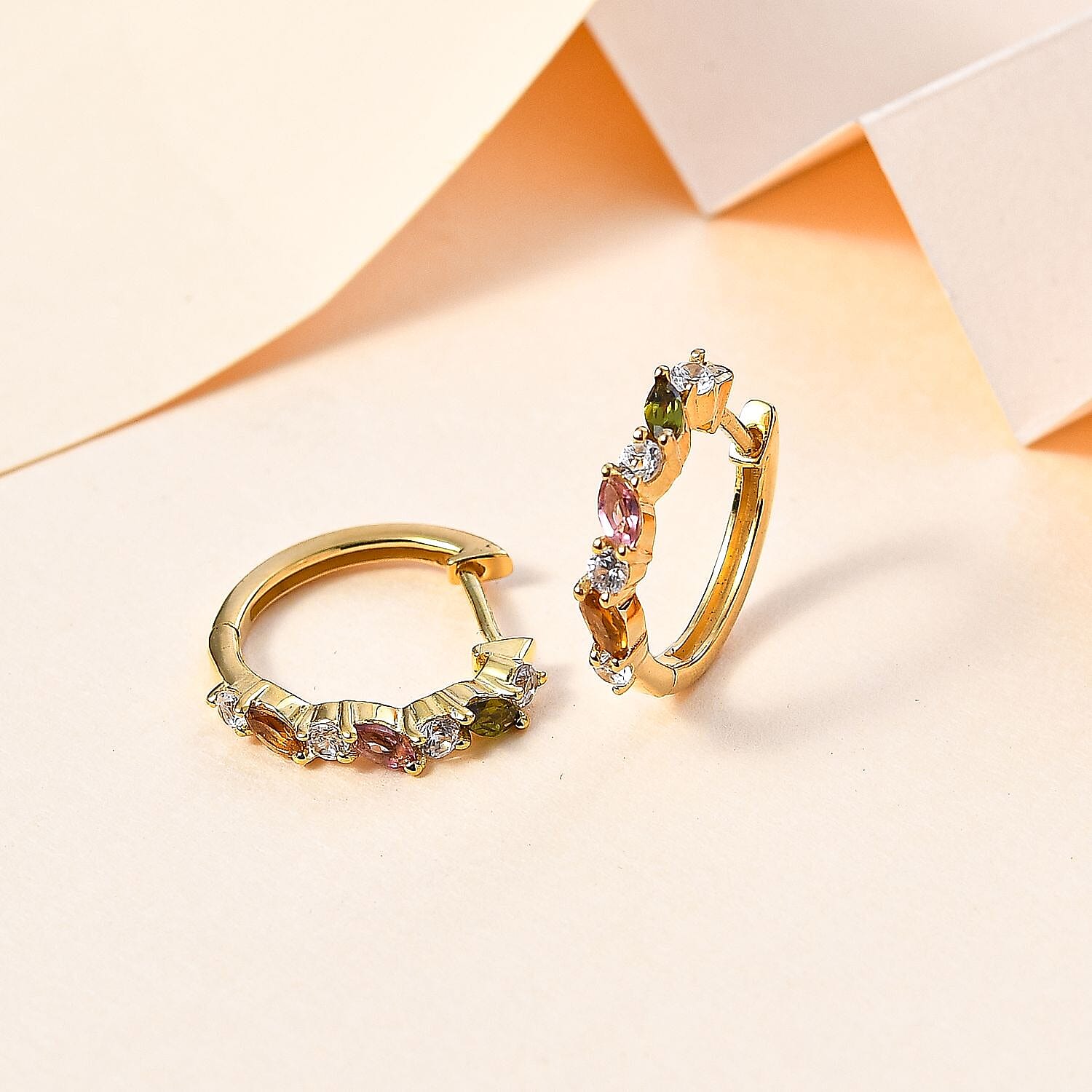 Multi-Tourmaline and White Zircon 0.88 ctw Earrings in 18K Vermeil Yellow Gold Over Sterling Silver
