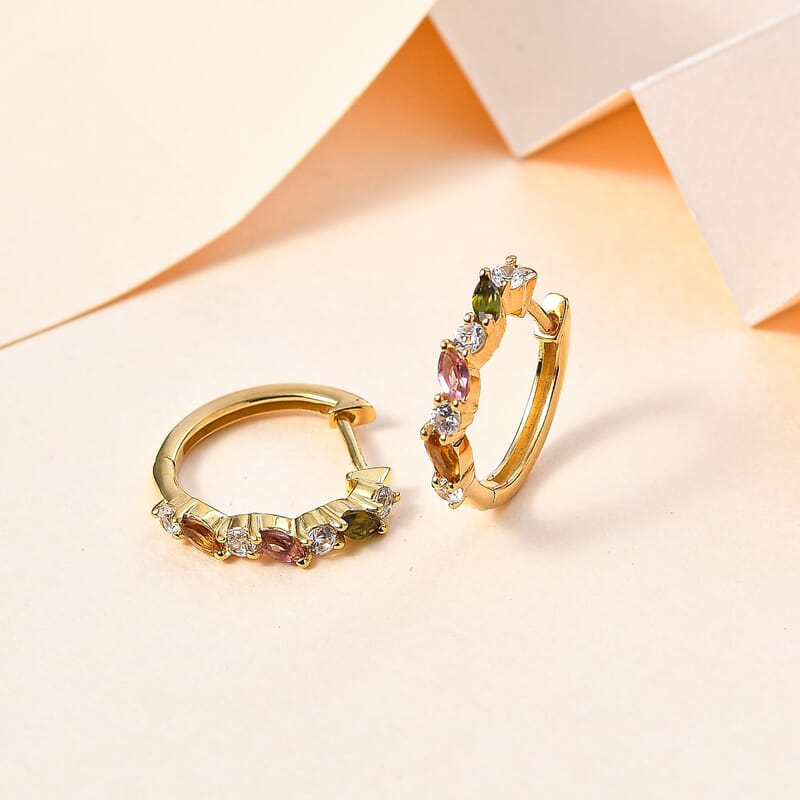 Multi-Tourmaline and White Zircon 0.88 ctw Earrings in 18K Vermeil Yellow Gold Over Sterling Silver