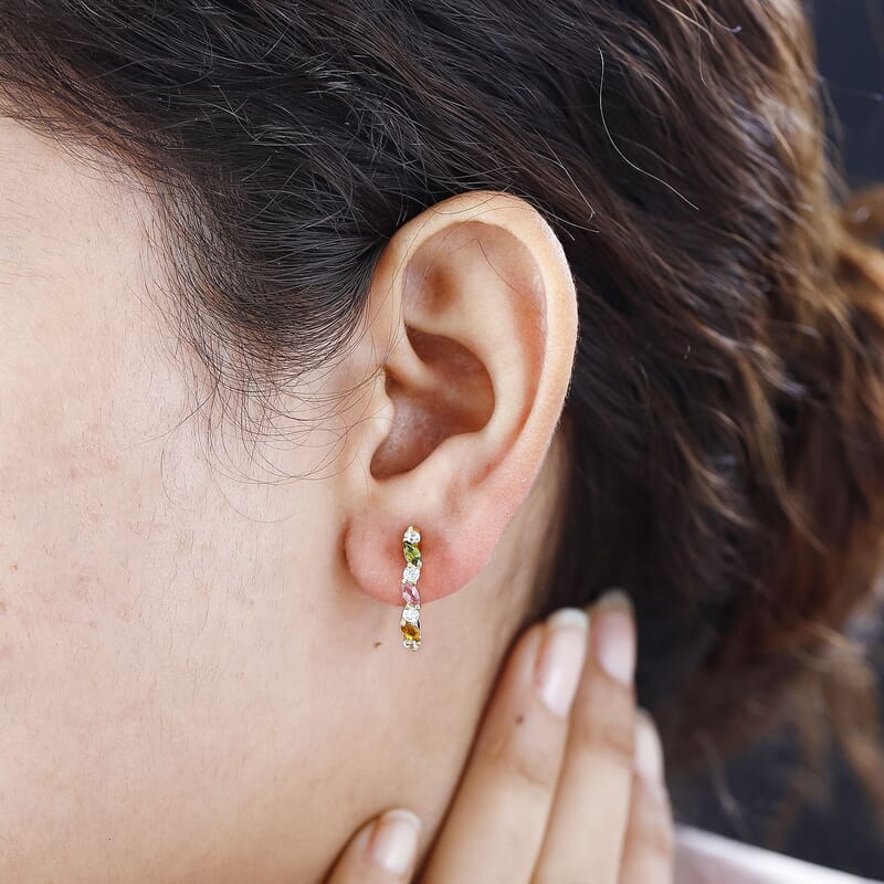Multi-Tourmaline and White Zircon 0.88 ctw Earrings in 18K Vermeil Yellow Gold Over Sterling Silver
