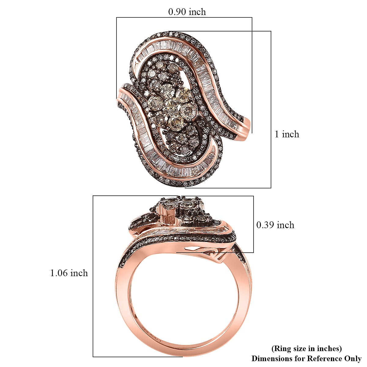 Natural Champagne Diamond 1.50 ctw Bypass Ring in 18K Vermeil Rose Gold Over Sterling Silver (Size 10.0)
