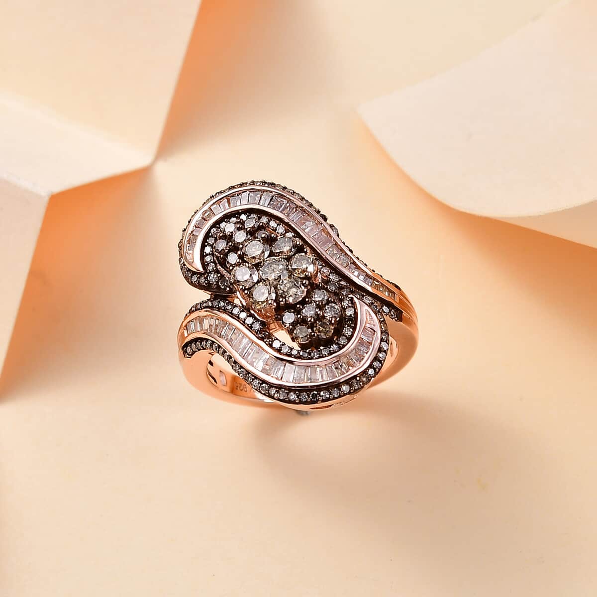 Natural Champagne Diamond 1.50 ctw Bypass Ring in 18K Vermeil Rose Gold Over Sterling Silver (Size 8.0) image number 1