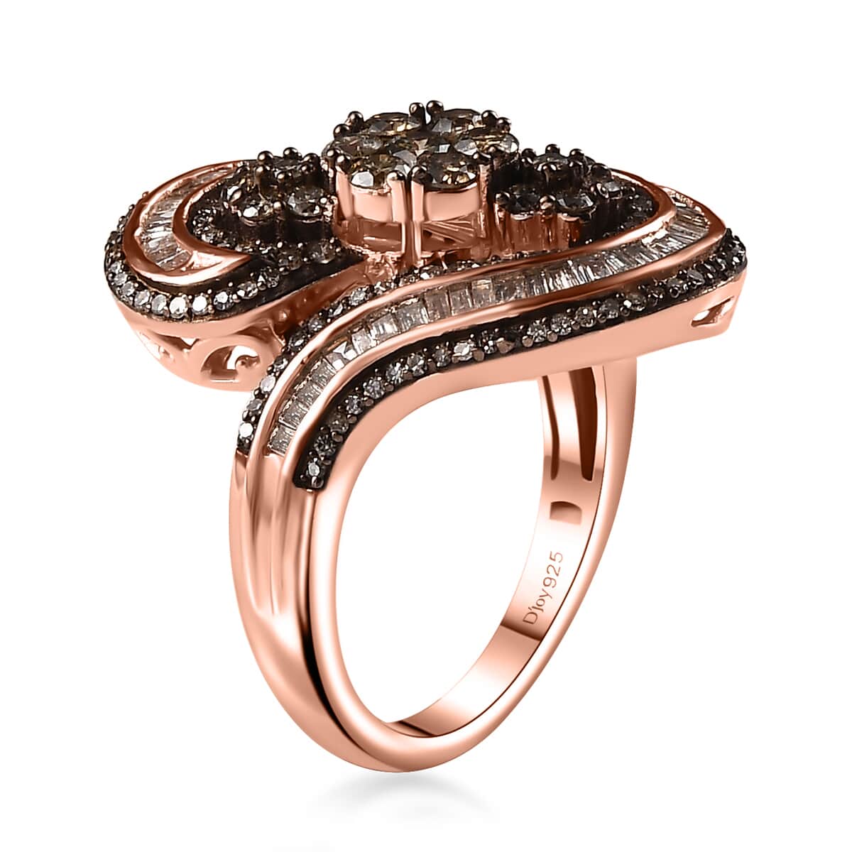 Natural Champagne Diamond 1.50 ctw Bypass Ring in 18K Vermeil Rose Gold Over Sterling Silver (Size 8.0) image number 3