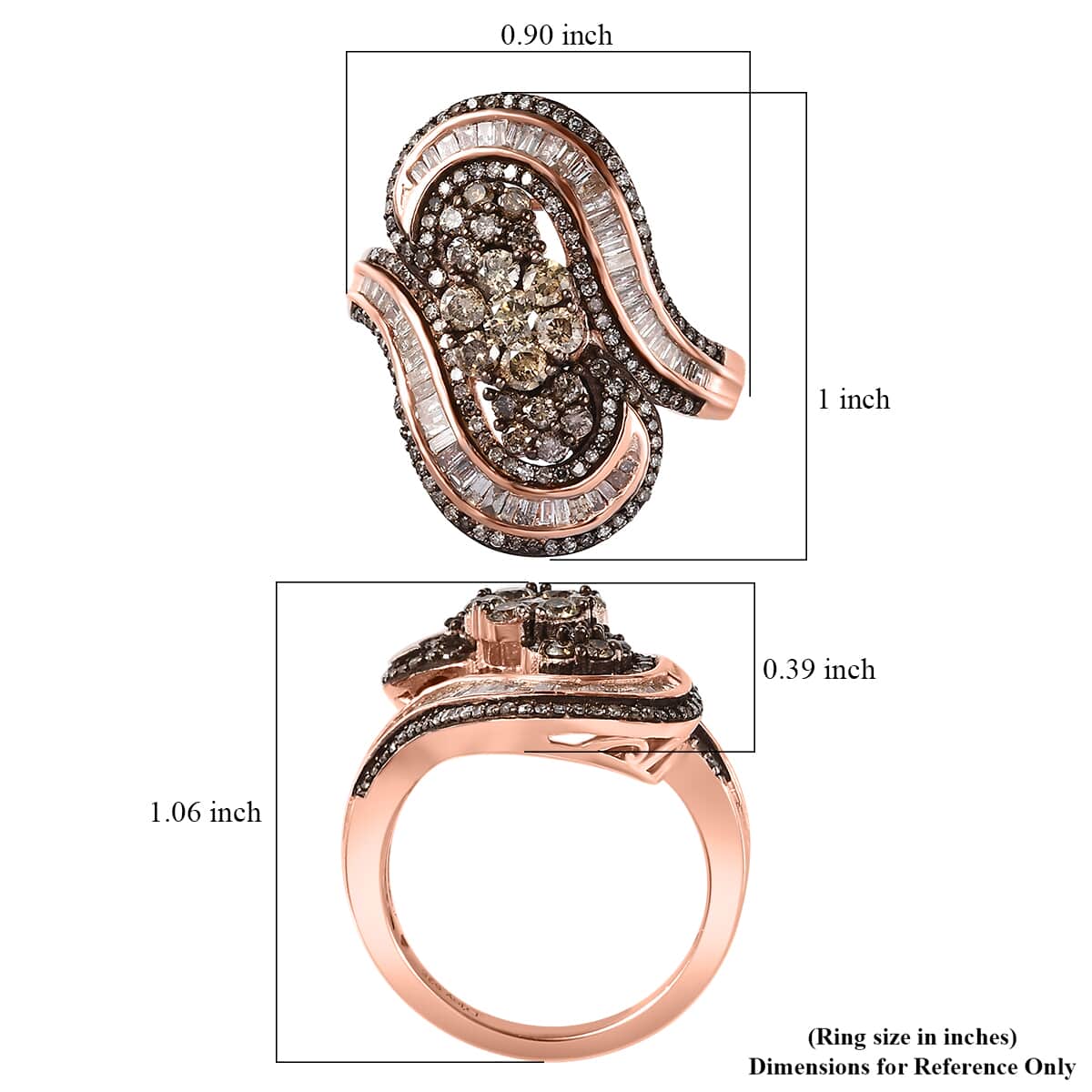 Natural Champagne Diamond 1.50 ctw Bypass Ring in 18K Vermeil Rose Gold Over Sterling Silver (Size 8.0) image number 5