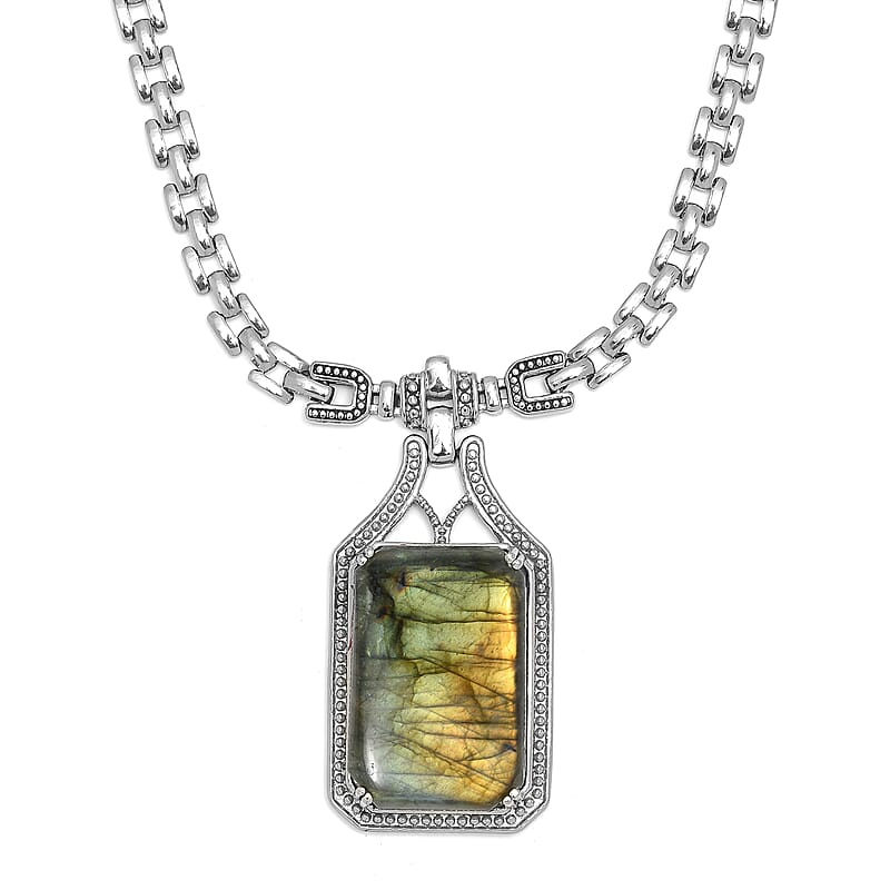Malagasy Labradorite Men's Necklace 18 Inches in Stainless Steel 45.15 ctw