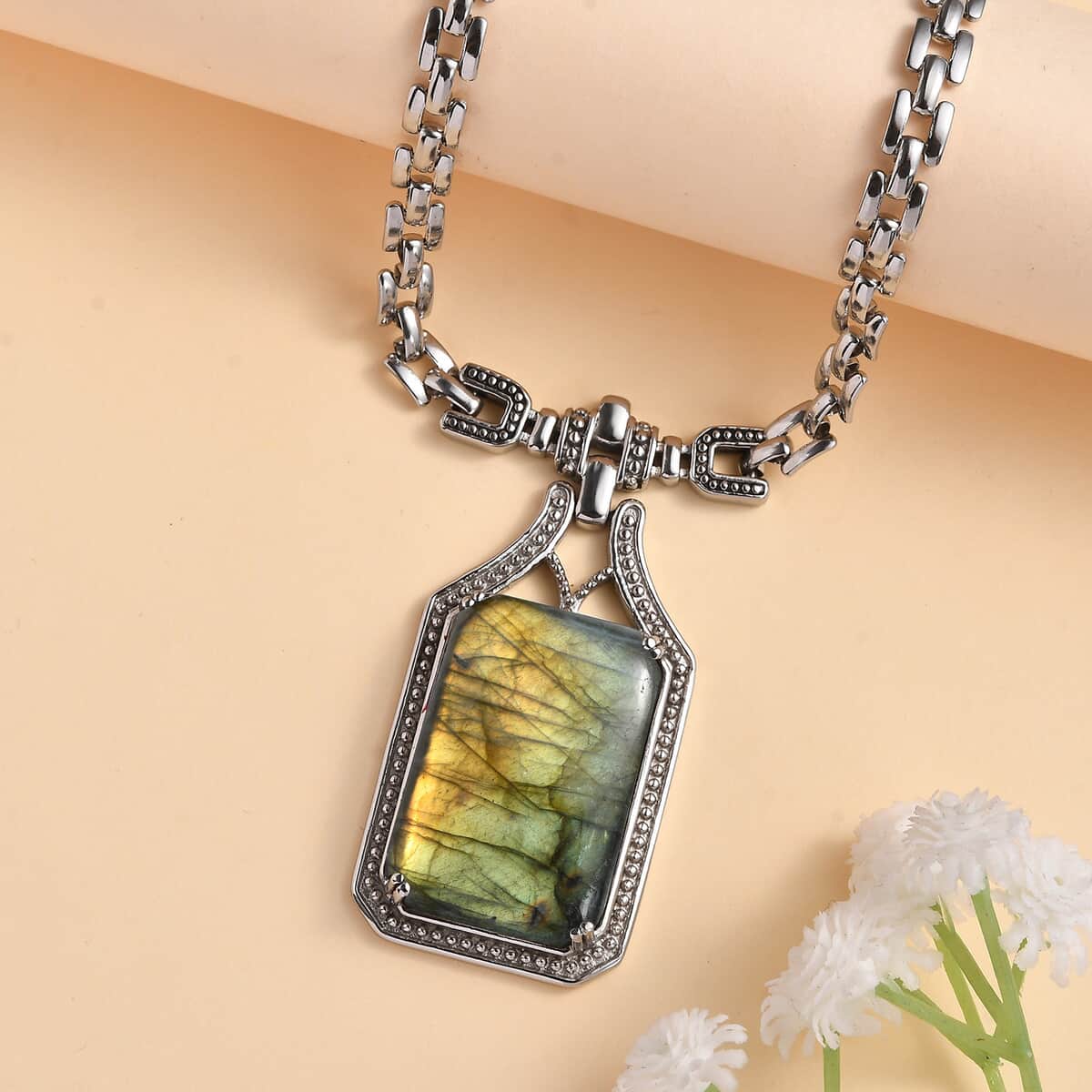 Malagasy Labradorite Men's Necklace 18 Inches in Stainless Steel 45.15 ctw image number 1