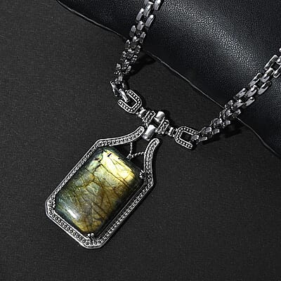 Malagasy Labradorite Men's Necklace 18 Inches in Stainless Steel 45.15 ctw