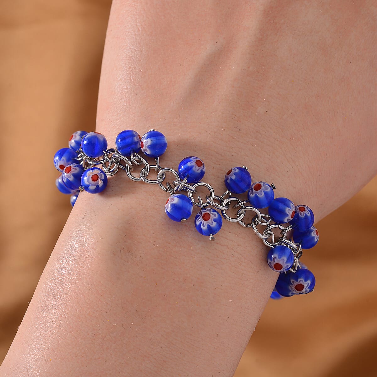 Blue Color Murano Style Toggle Clasp Bracelet in Stainless Steel (7.50-9.00In) image number 1