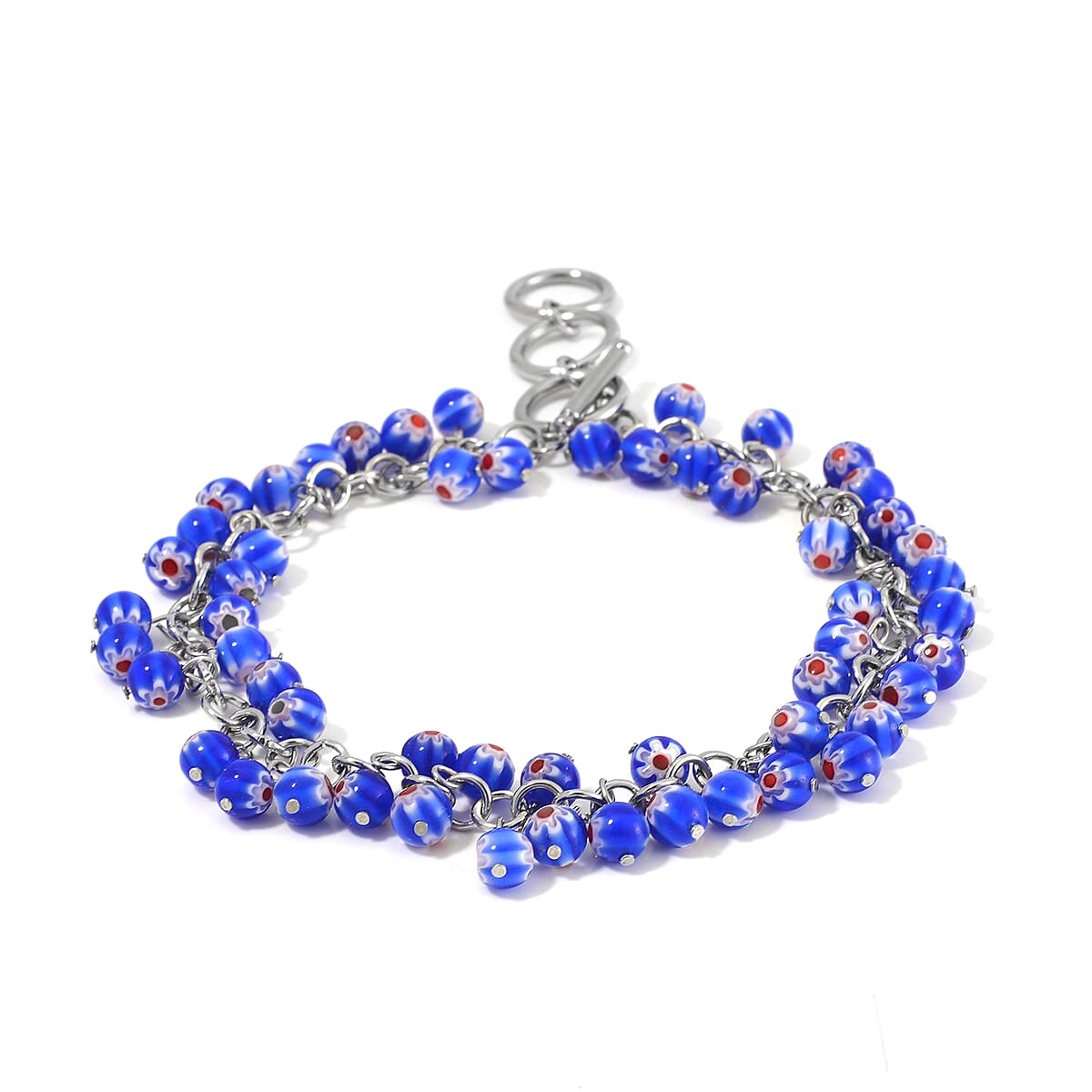 Blue Color Murano Style Toggle Clasp Bracelet in Stainless Steel (7.50-9.00In) image number 2