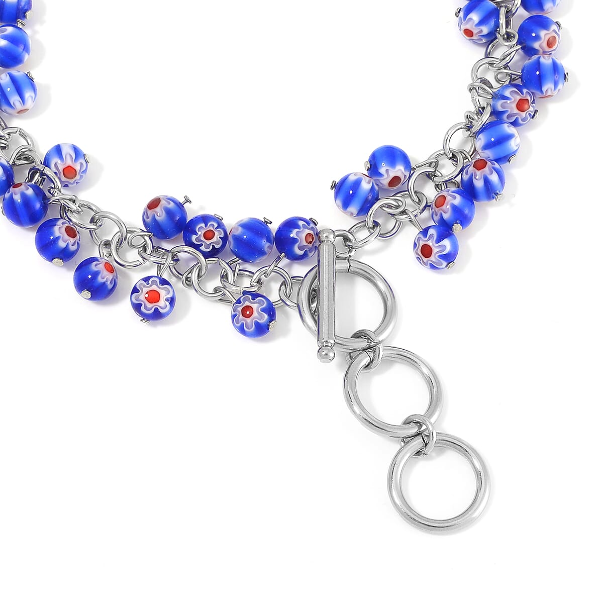 Blue Color Murano Style Toggle Clasp Bracelet in Stainless Steel (7.50-9.00In) image number 3