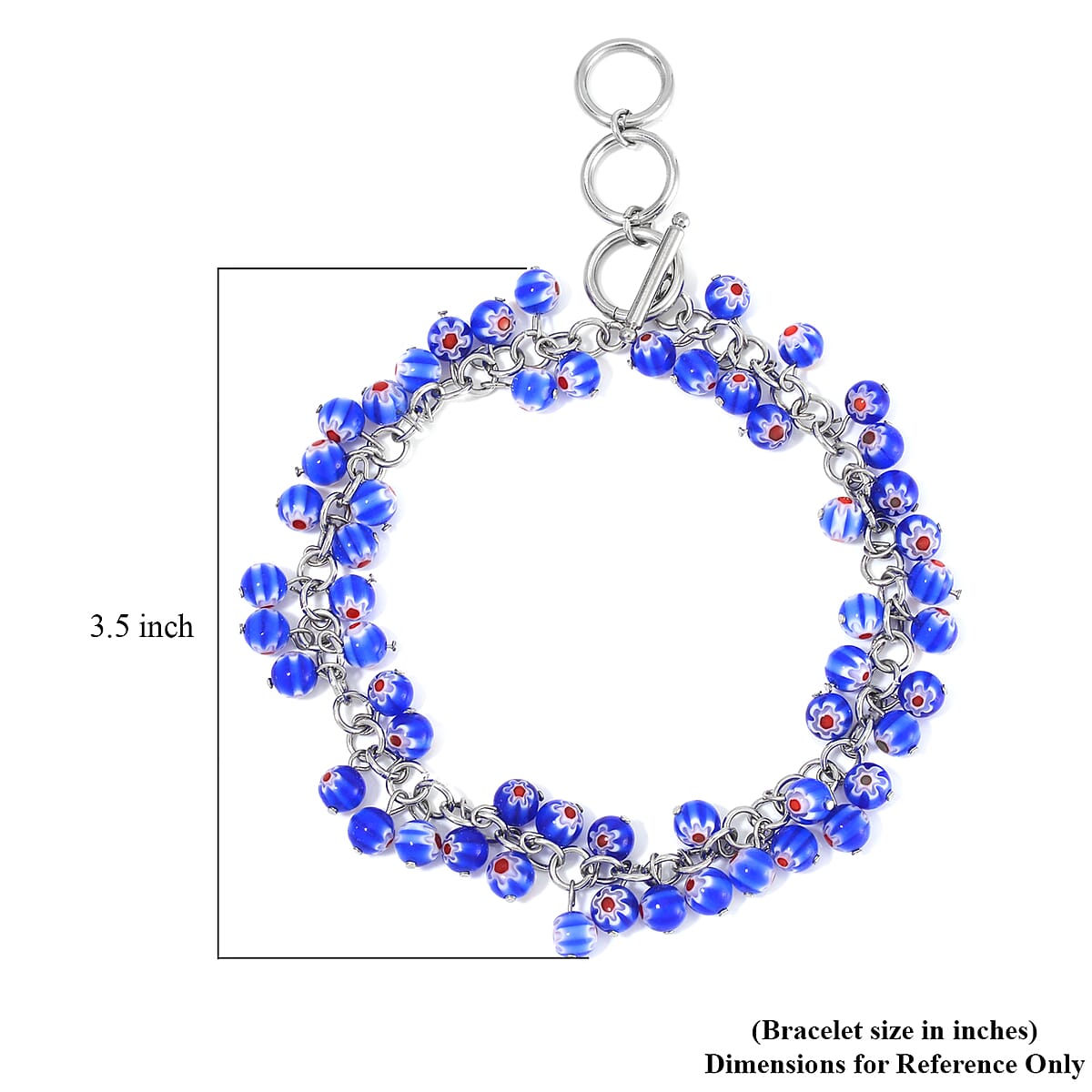 Blue Color Murano Style Toggle Clasp Bracelet in Stainless Steel (7.50-9.00In) image number 4