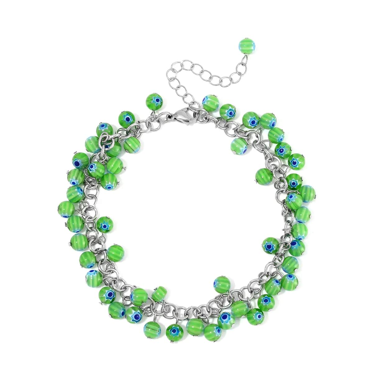 Green Color Murano Style Anklet (9.00-11.00In) in Stainless Steel image number 0