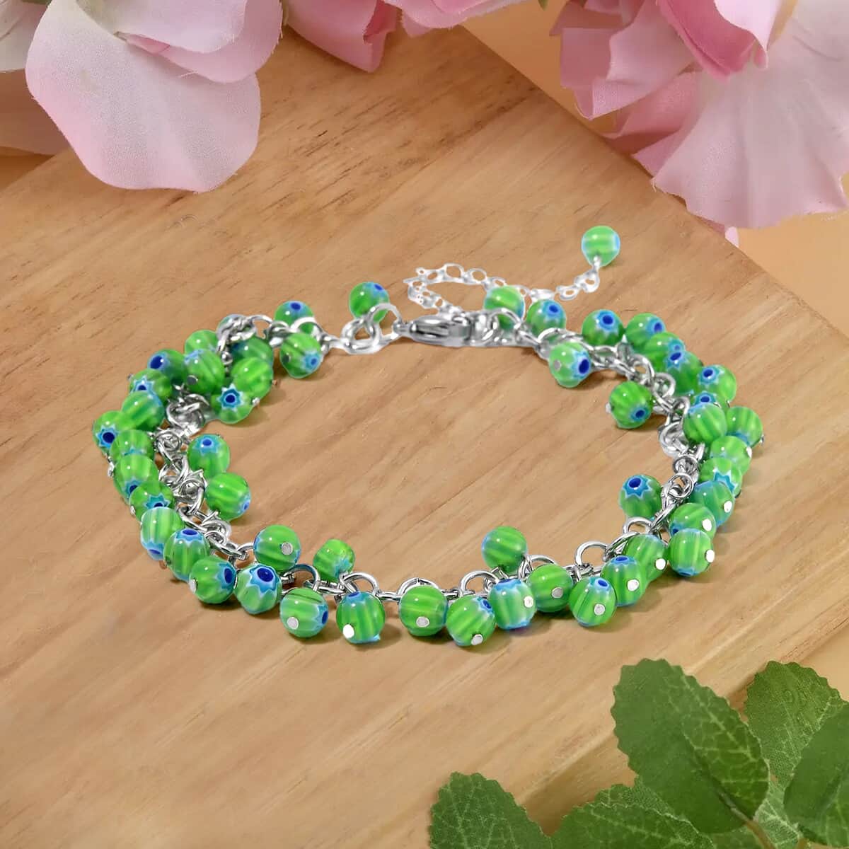 Green Color Murano Style Anklet (9.00-11.00In) in Stainless Steel image number 1