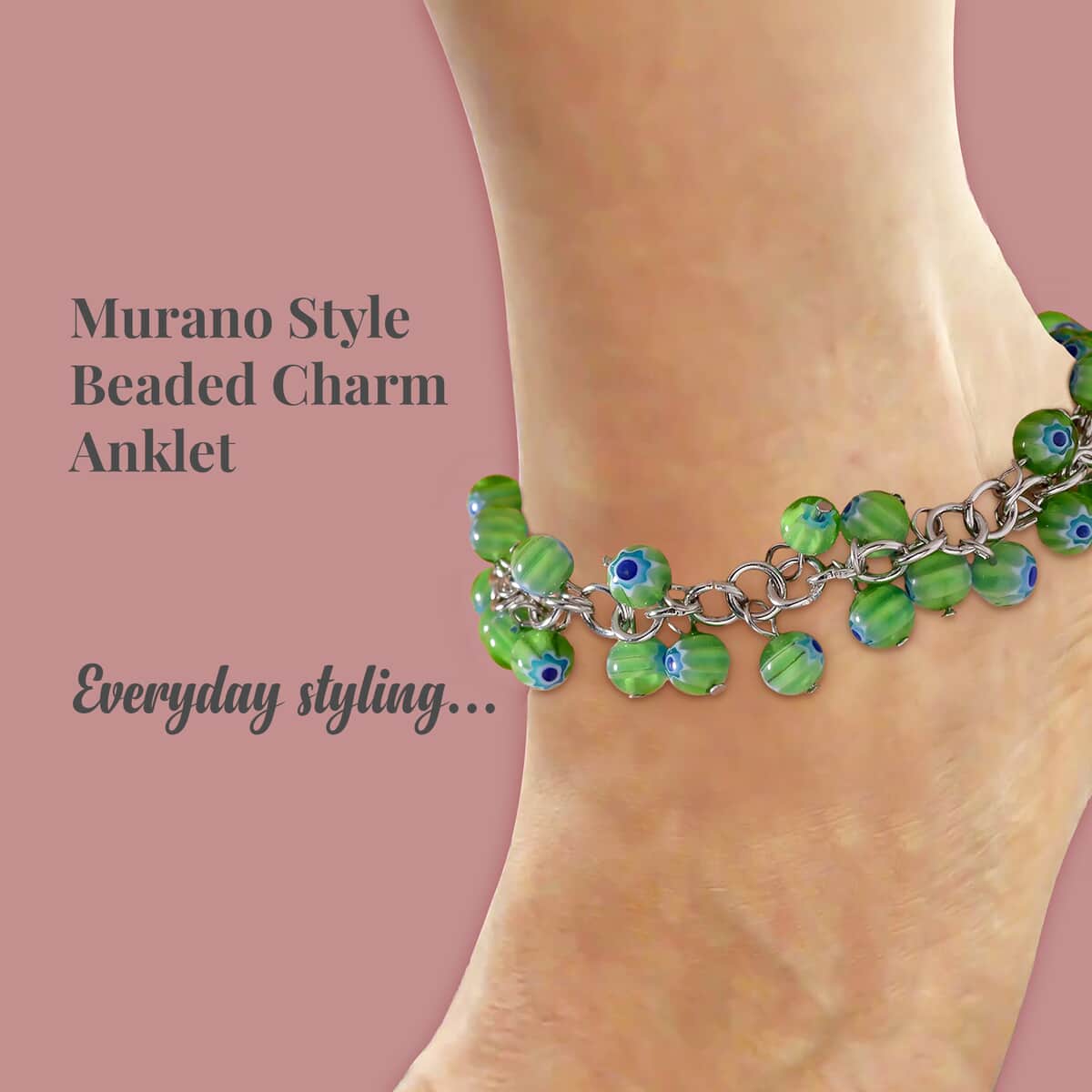 Green Color Murano Style Anklet (9.00-11.00In) in Stainless Steel image number 2