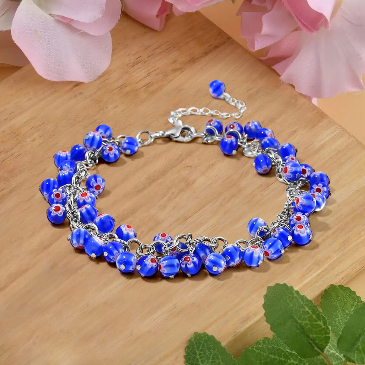 Blue Color Murano Style Anklet in Stainless Steel (9.00-11.00In) image number 1