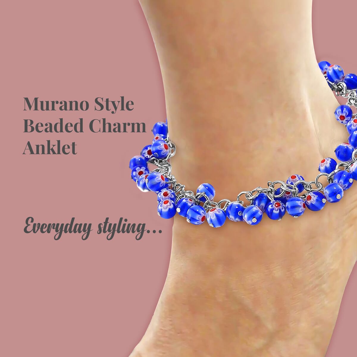 Blue Color Murano Style Anklet in Stainless Steel (9.00-11.00In) image number 2