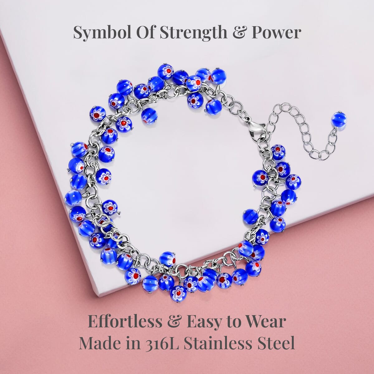 Blue Color Murano Style Anklet in Stainless Steel (9.00-11.00In) image number 3
