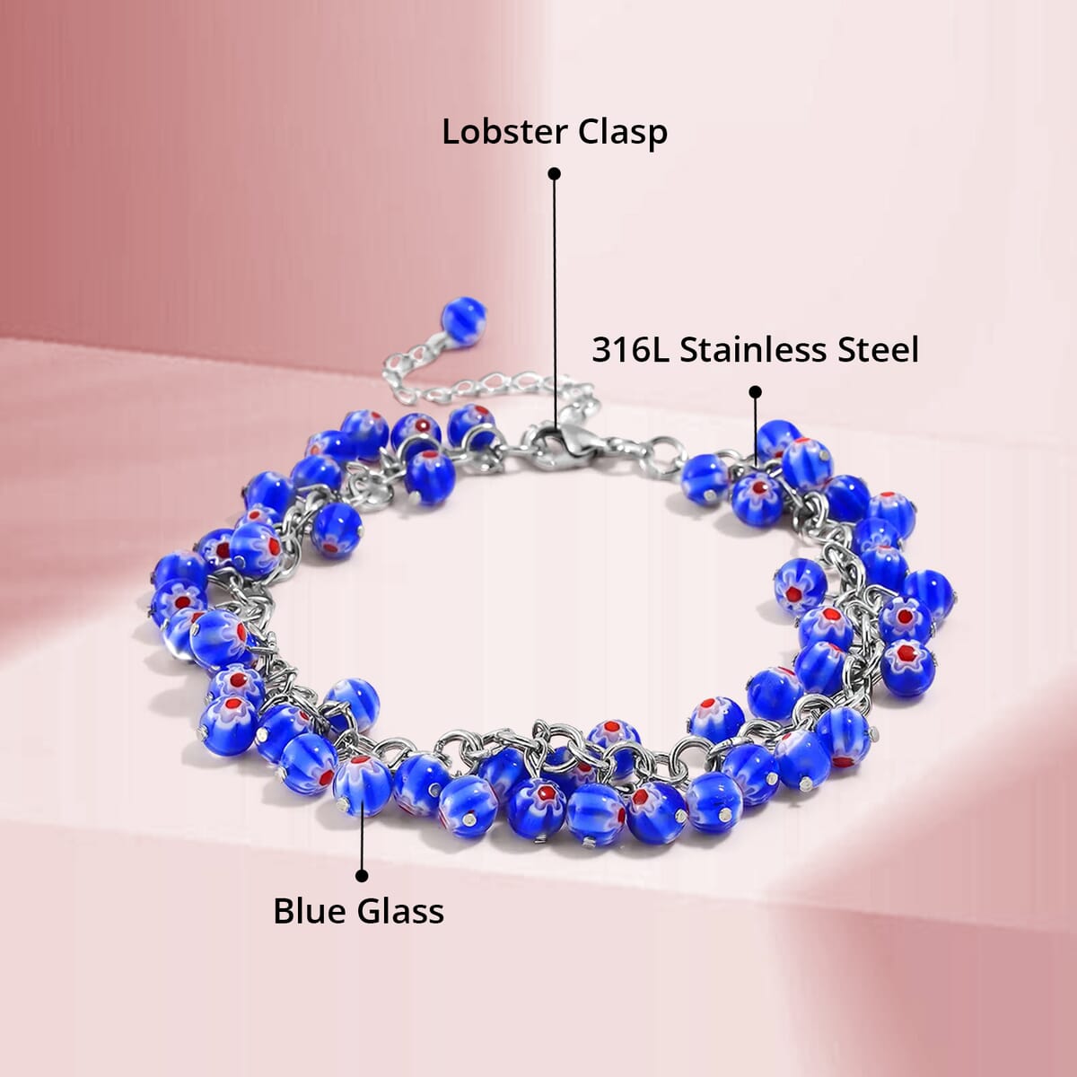 Blue Color Murano Style Anklet in Stainless Steel (9.00-11.00In) image number 4