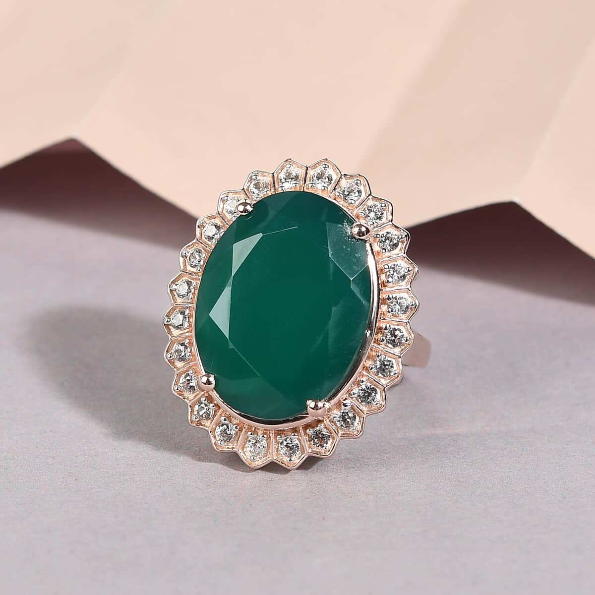 Verde Onyx and Natural White Zircon Halo Ring in Vermeil Rose Gold Over Sterling Silver (Size 9.0) 14.00 ctw image number 1