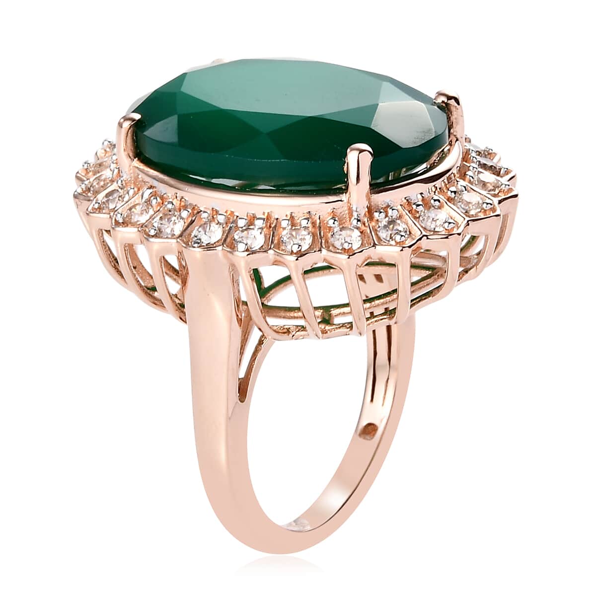 Verde Onyx and Natural White Zircon Halo Ring in Vermeil Rose Gold Over Sterling Silver (Size 9.0) 14.00 ctw image number 3