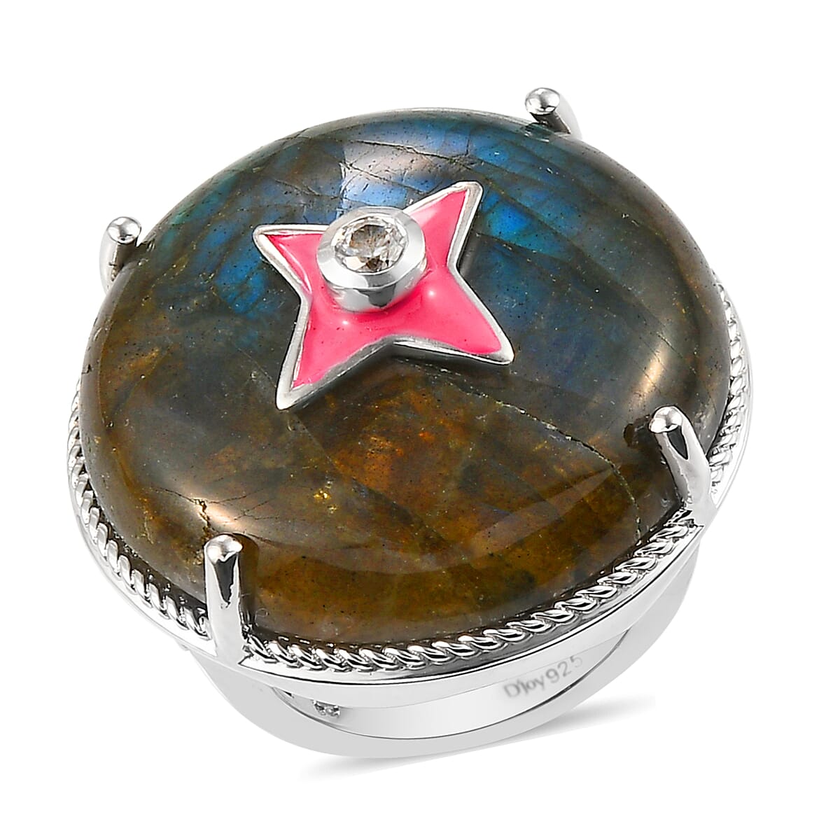 Malagasy Labradorite and Natural White Zircon Fancy Ring in Platinum Over Sterling Silver (Size 10.0) 8.90 Grams 31.20 ctw