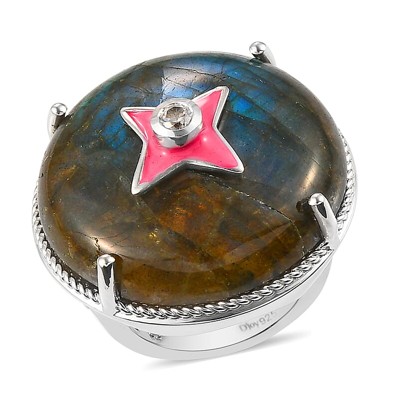 Malagasy Labradorite and Natural White Zircon Fancy Ring in Platinum Over Sterling Silver (Size 10.0) 8.90 Grams 31.20 ctw