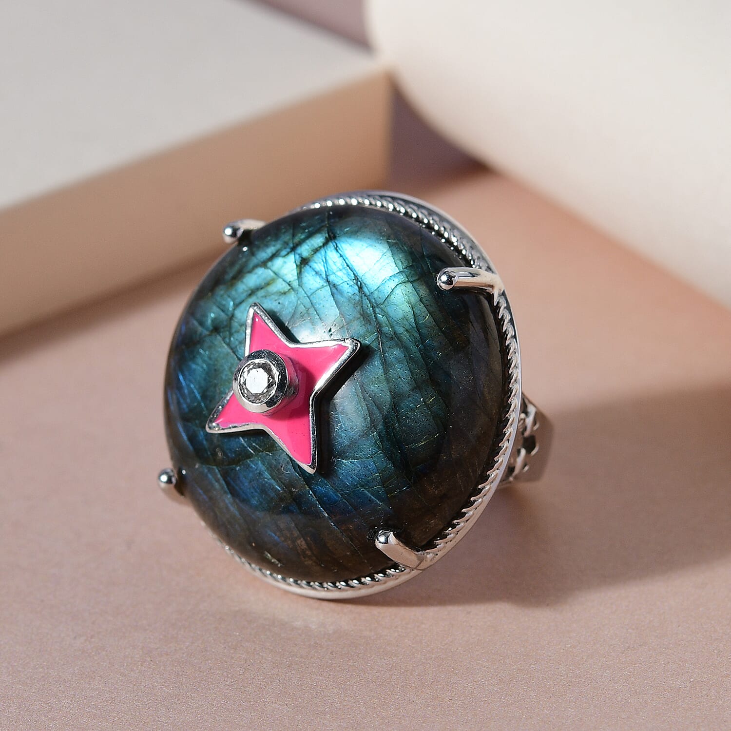 Malagasy Labradorite and Natural White Zircon Fancy Ring in Platinum Over Sterling Silver (Size 10.0) 8.90 Grams 31.20 ctw