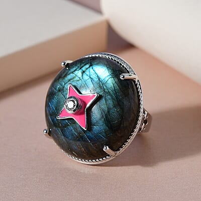 Malagasy Labradorite and Natural White Zircon Fancy Ring in Platinum Over Sterling Silver (Size 10.0) 8.90 Grams 31.20 ctw