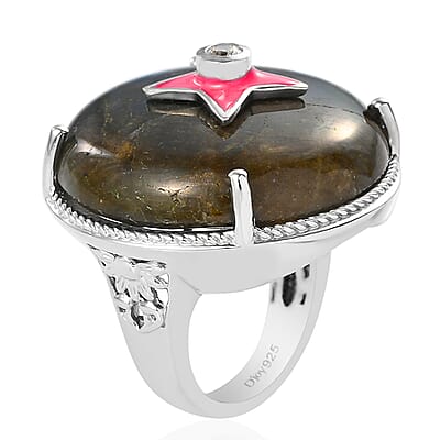 Malagasy Labradorite and Natural White Zircon Fancy Ring in Platinum Over Sterling Silver (Size 10.0) 8.90 Grams 31.20 ctw