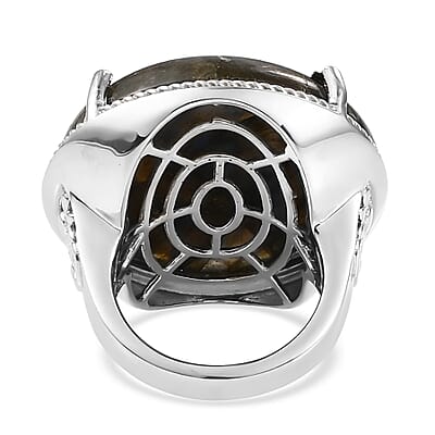 Malagasy Labradorite and Natural White Zircon Fancy Ring in Platinum Over Sterling Silver (Size 10.0) 8.90 Grams 31.20 ctw