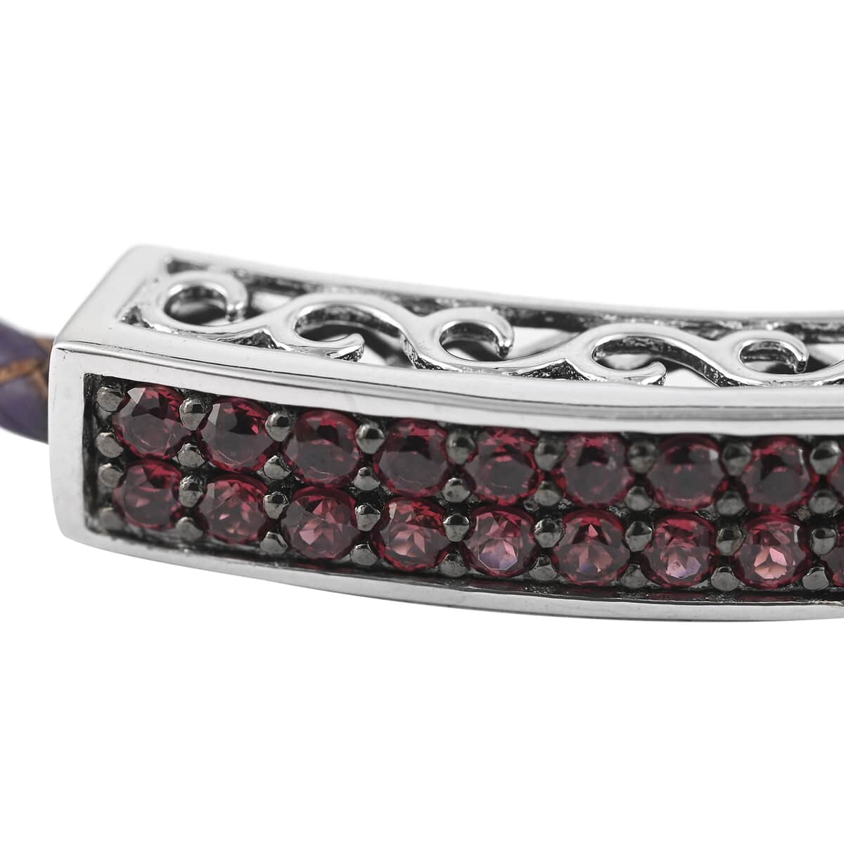 Orissa Rhodolite Garnet and Braided Purple Genuine Leather Floral Framework Bracelet in Sterling Silver (7.25 In) 6.80 ctw image number 1