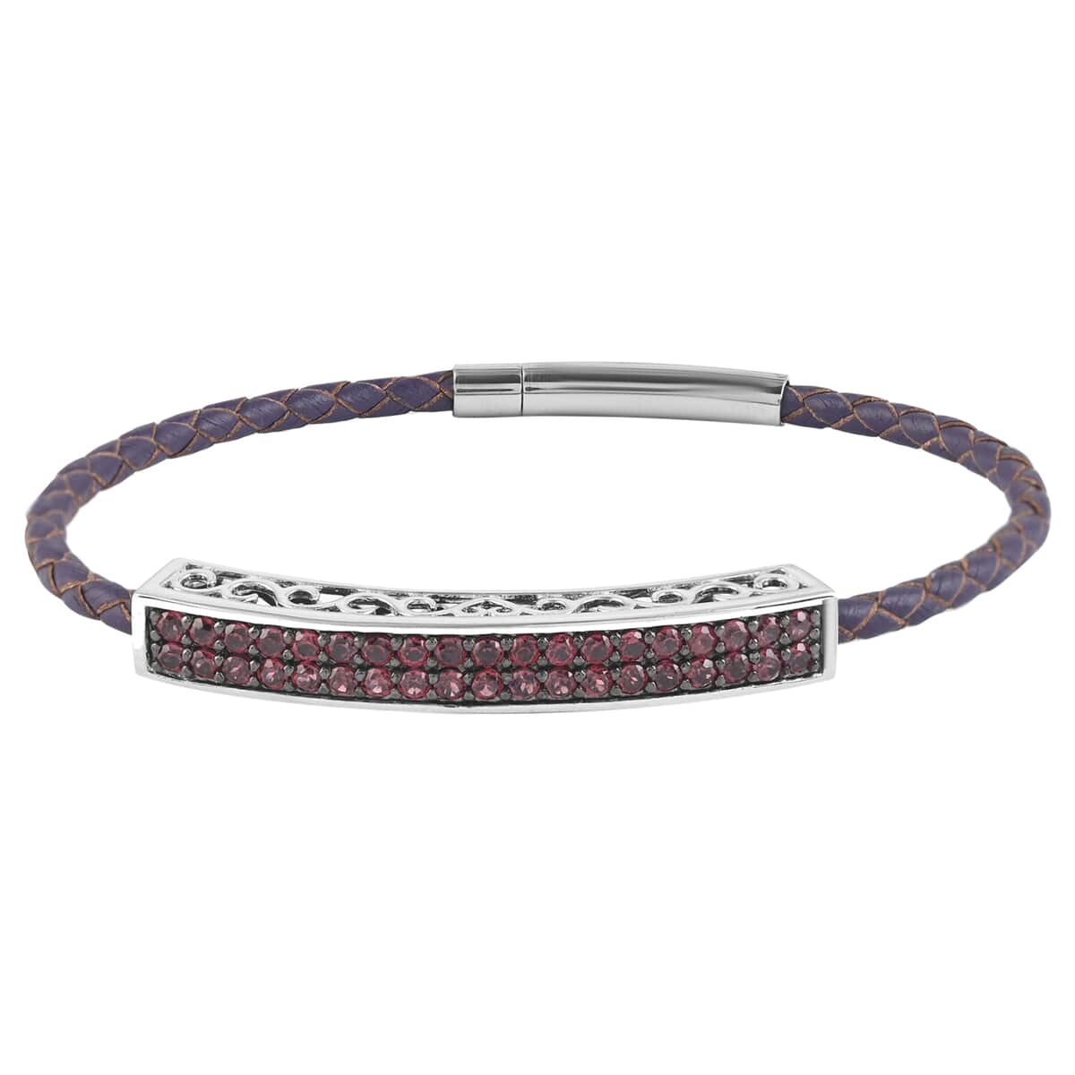 Orissa Rhodolite Garnet and Purple Genuine Leather Bracelet in Sterling Silver (8.00 In) 6.80 ctw image number 0
